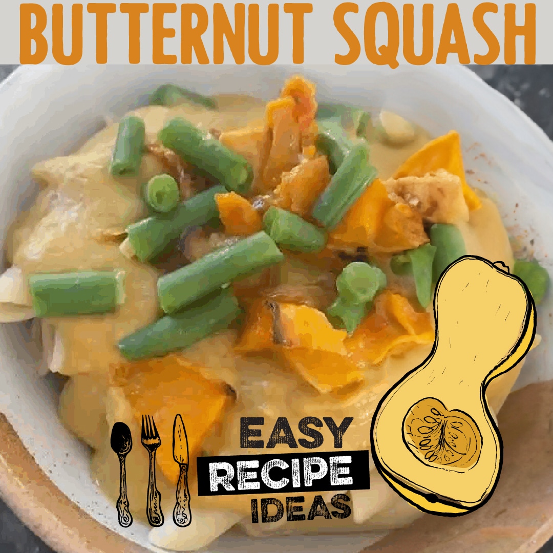 picture of butternut squash dish and quick and easy recipe icon